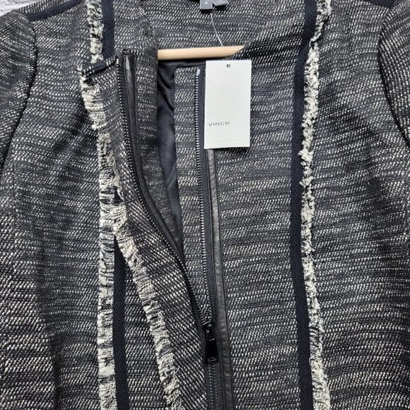 Vince Boucle Black White Leather Contrast Full Zip Jacket NWT Size 8 - Picture 7 of 13
